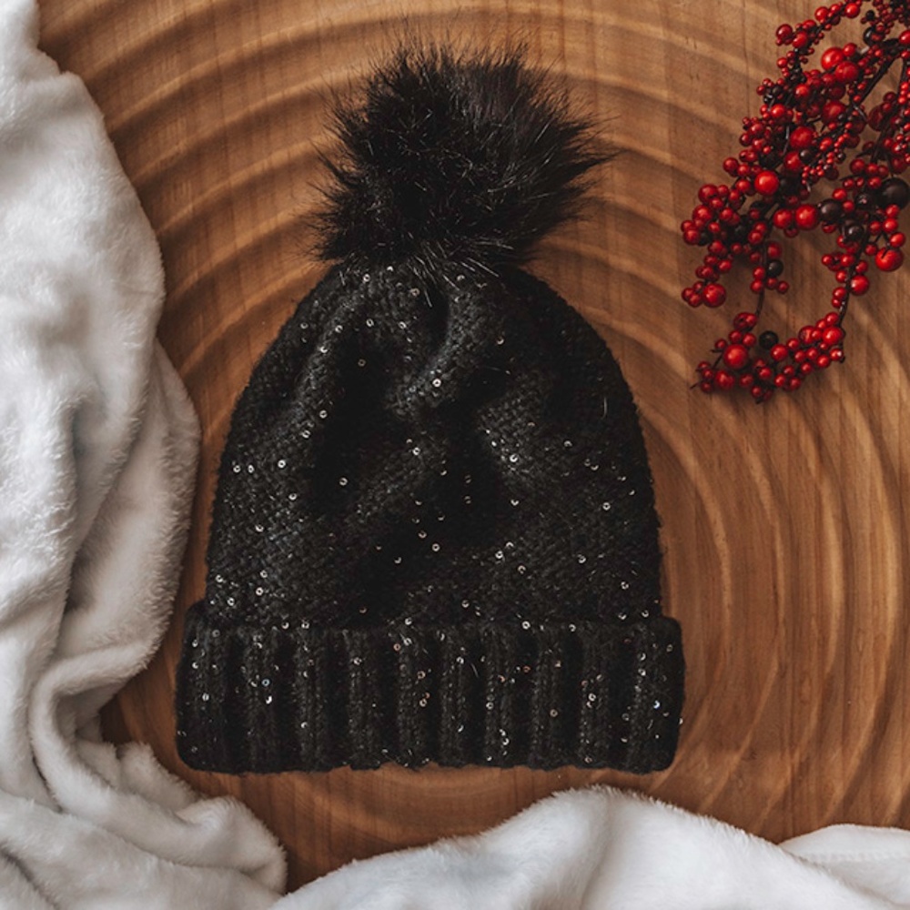 Black Knitted Sequin Beanie with Pom Pom-Adult Size